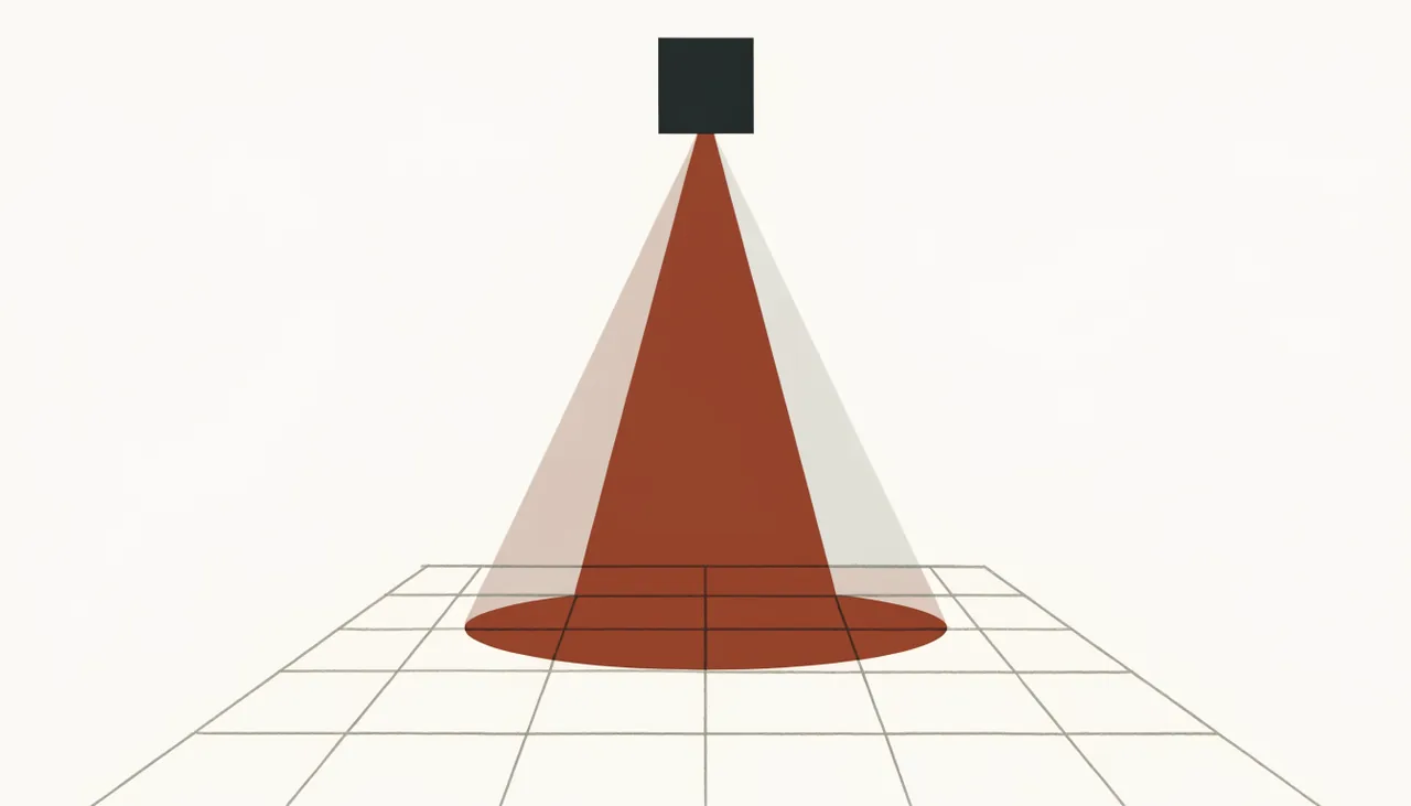 Cone de luz de uma luminária sobre um piso marcado por malha de medição, com o brilho diminuindo do centro para fora