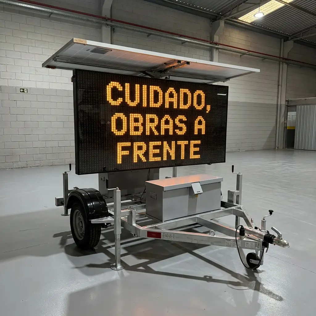 Painel de mensagem variável móvel com placa solar no teto, exibindo CUIDADO, OBRAS À FRENTE