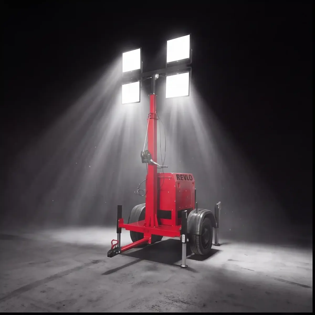 Torre de iluminação Revlo RV 4000 com mastro estendido e quatro luminárias LED acesas